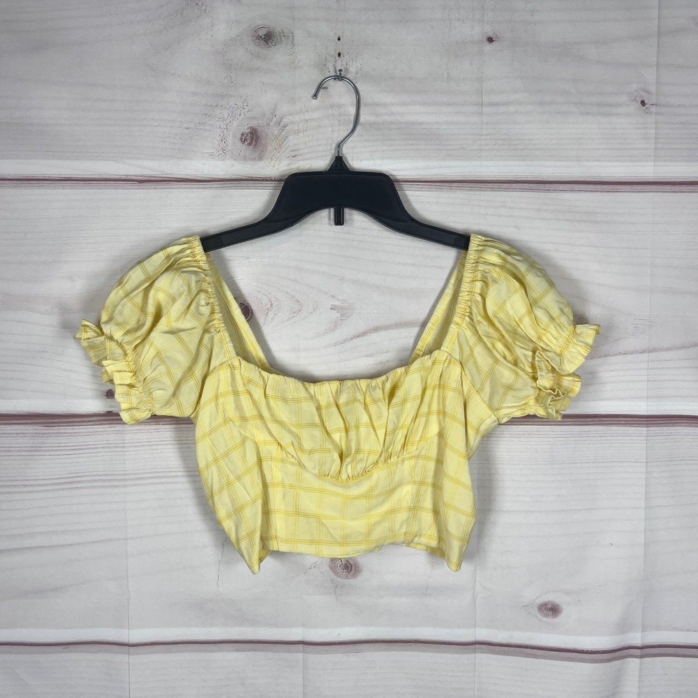 Capulet Cropped Top Women XS Yellow Plaid Linen Blend Puff Sleeve Peasant Blouse